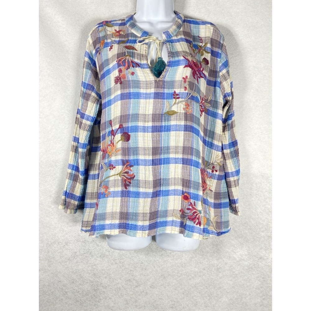 Johnny Was Viviana Effortless Scarf Top Women's Large Blue Gauze  Embroidered